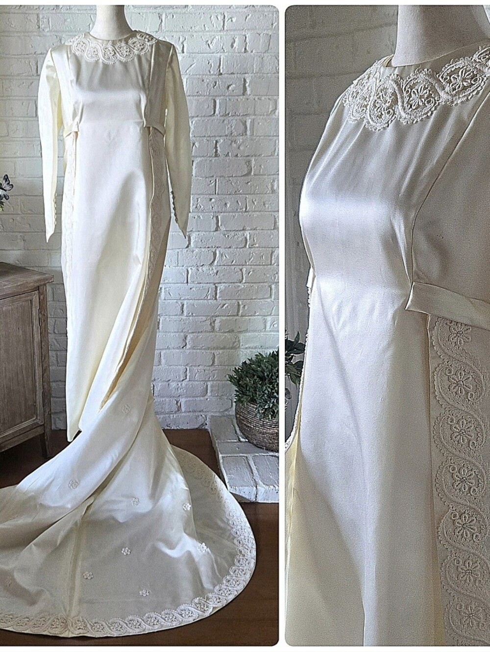 Vtg 60s 70s Ivory Pearl Flower Wedding Gown, Detach. Train, S/M, Audrey Hepburn